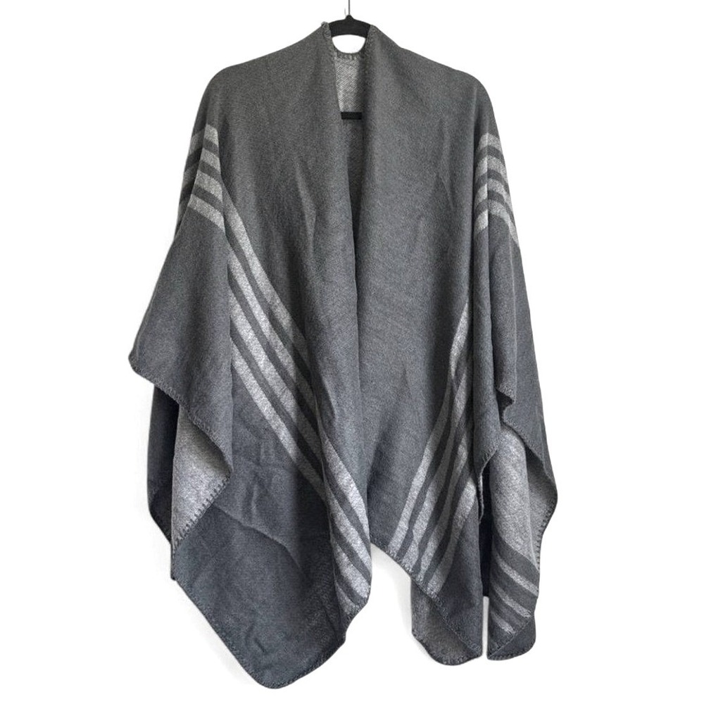 BB Dakota Womens Poncho One Size Gray Striped Open Front Blanket Wrap Shawl Cozy